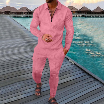 Men's Printed Polo Collar Zipper Fitness Tracksuit Long Sleeve Two-Piece Set