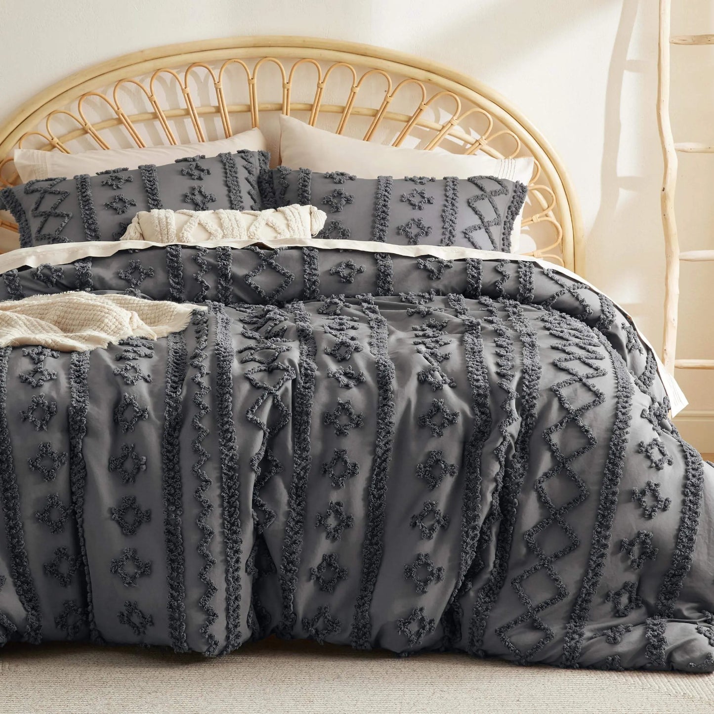 Juego de edredón queen suave con mechones - Ropa de cama boho de lujo beige