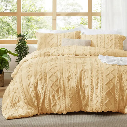 Weiches gestepptes Queen-Bettdecken-Set – Luxuriöse beige Boho-Bettwäsche
