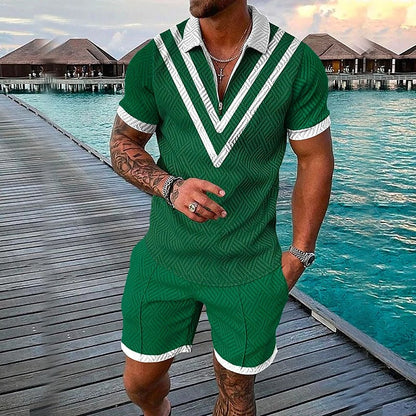 Men's 3D Print Zipper Casual Short Sleeve Two-piece Set