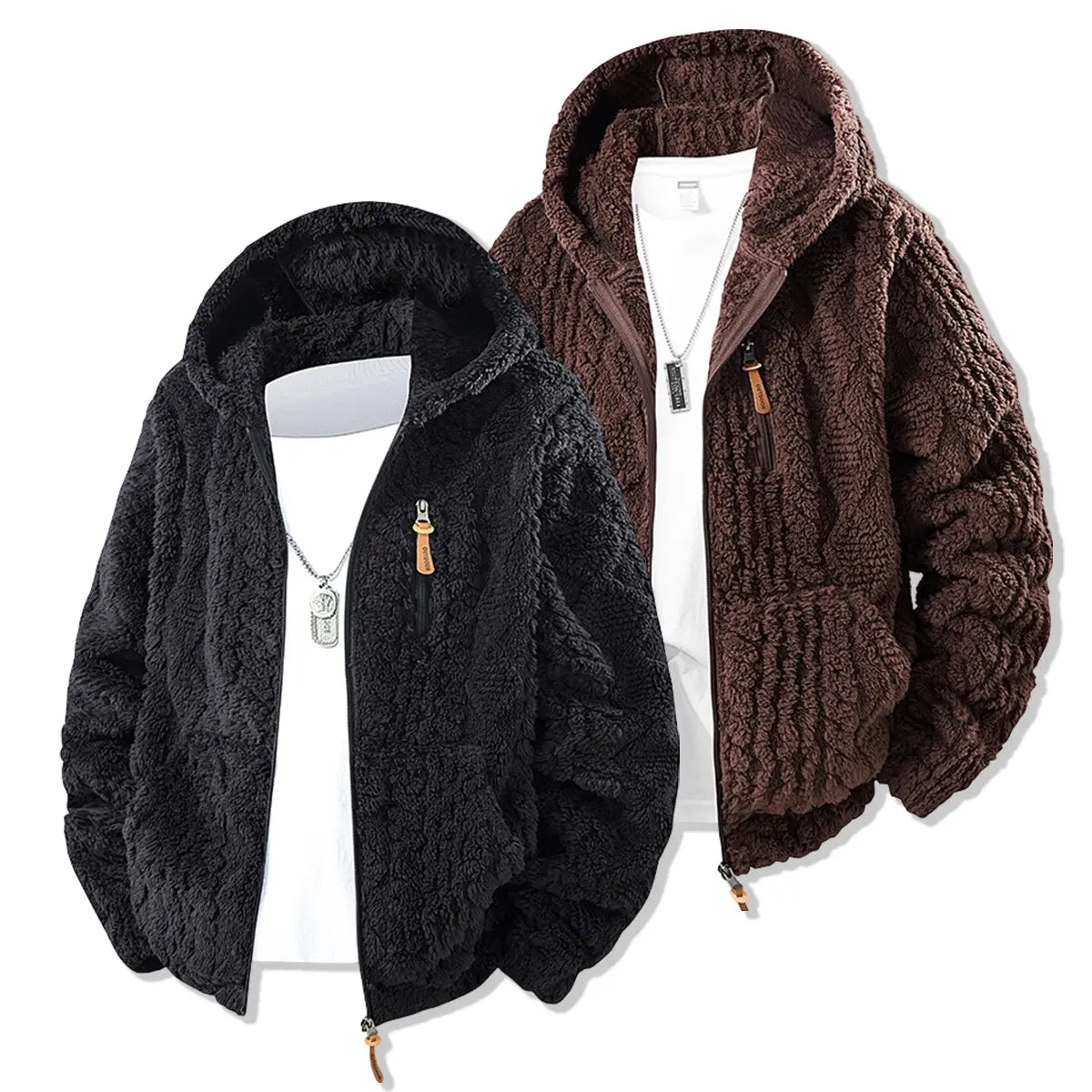 Unisex fleece hooded jacket. Solid woven texture, soft against skin, your go-to outerwear for fall & winter.