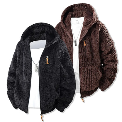 Unisex fleece hooded jacket. Solid woven texture, soft against skin, your go-to outerwear for fall & winter.