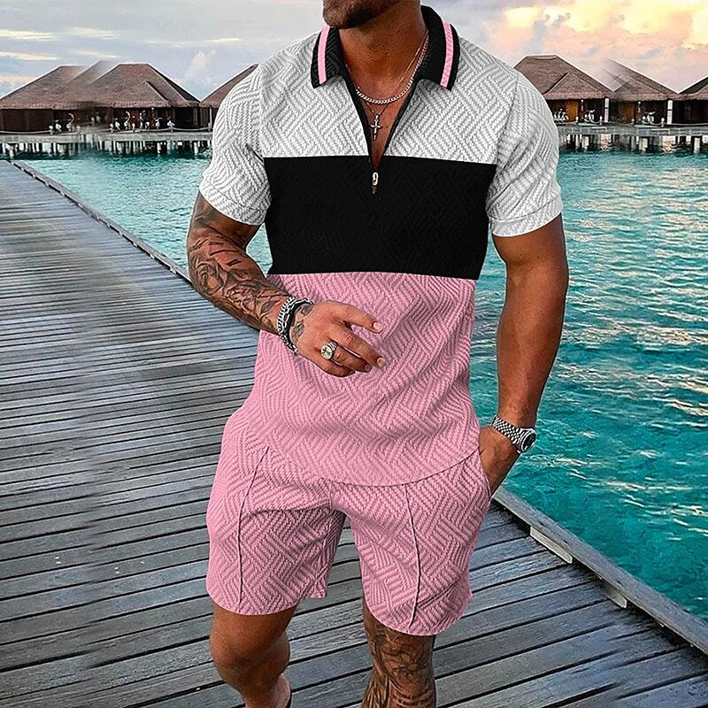 Men's 3D Print Color Block Zipper Casual Short Sleeve Polo Shirt Two-piece Set