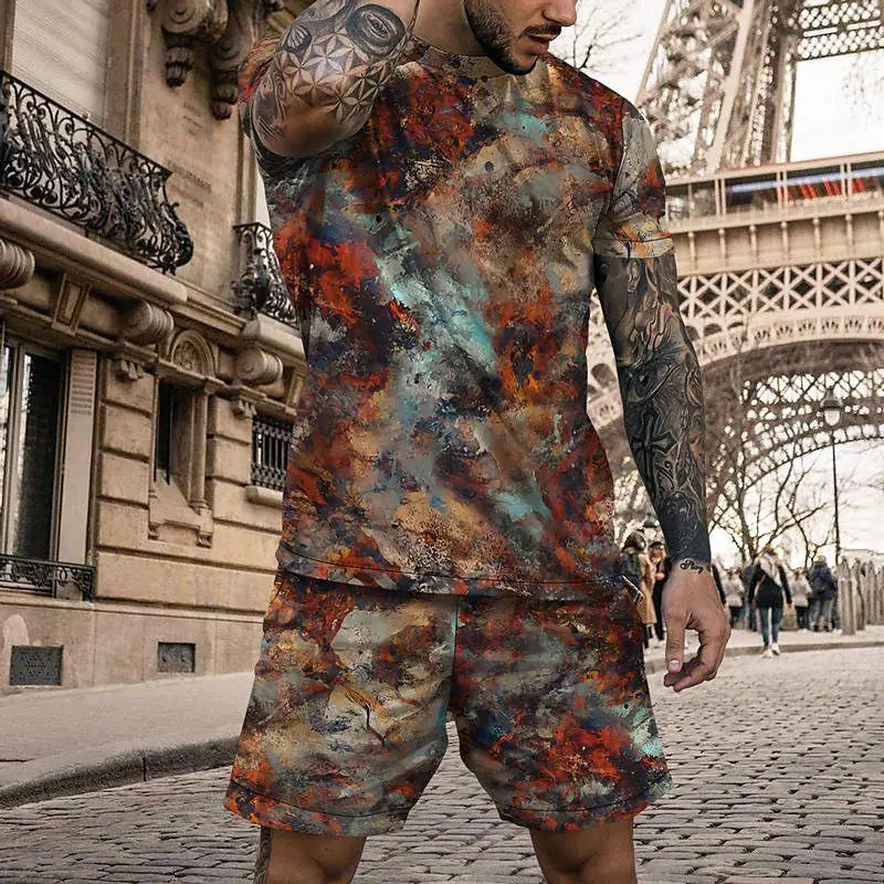 Men's 3D Colorful Creative Print Short Sleeve Two-piece Set