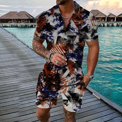 Men's 3D Print Graphic Flag Zipper Casual Short Sleeve Two-piece Set