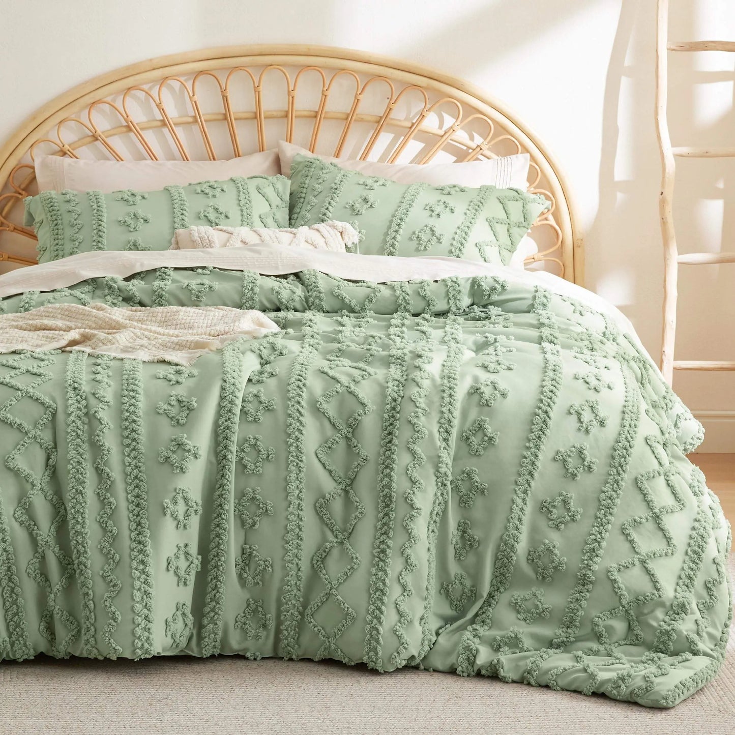 Juego de edredón queen suave con mechones - Ropa de cama boho de lujo beige