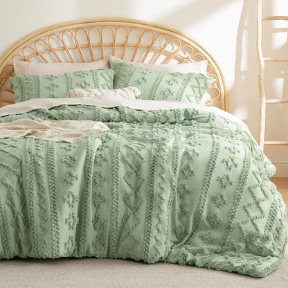 Juego de edredón queen suave con mechones - Ropa de cama boho de lujo beige