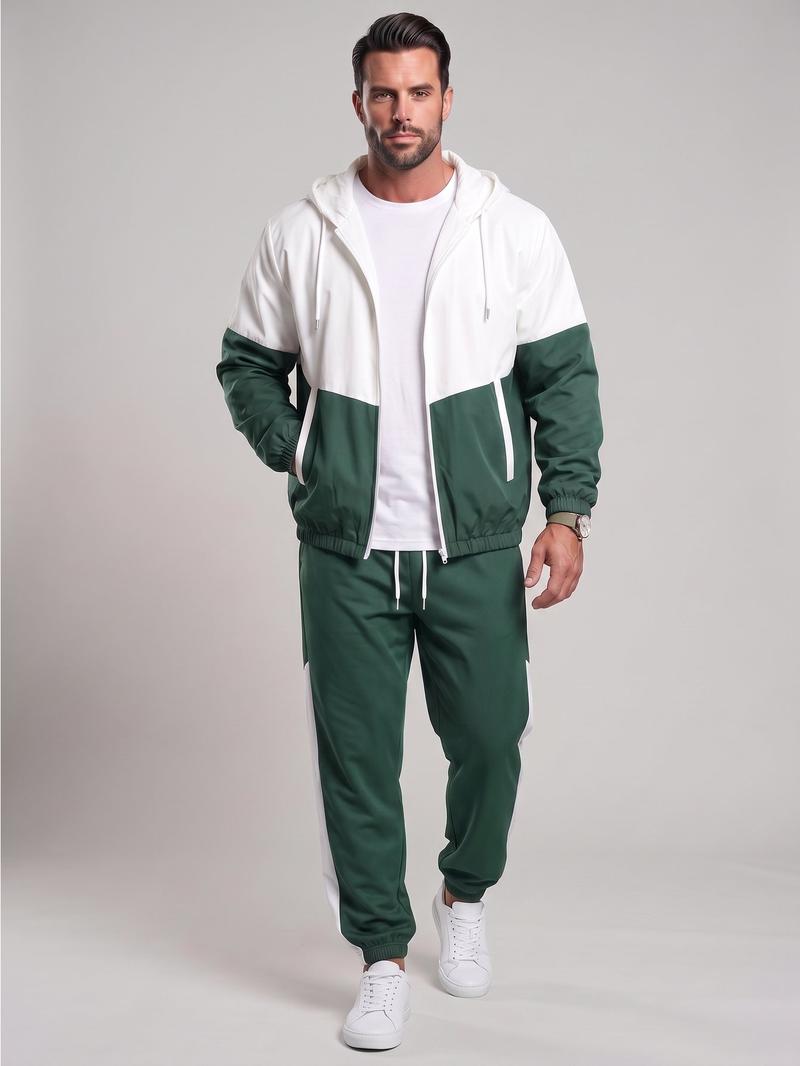Men's 2-Piece Color Block Hooded Tracksuit Set for Daily Wear, Walks & Light Outdoor Activities