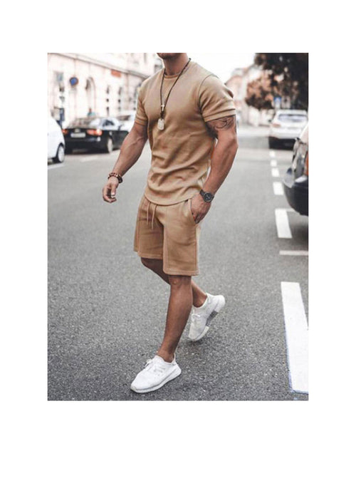 Men's Solid Color Fitness Tracksuit Short Sleeve Shorts Two-Piece Set Gym Suits
