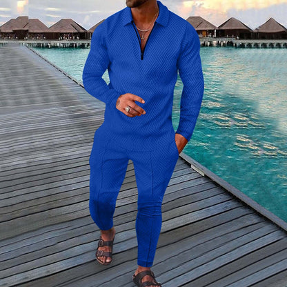 Men's Printed Polo Collar Zipper Fitness Tracksuit Long Sleeve Two-Piece Set