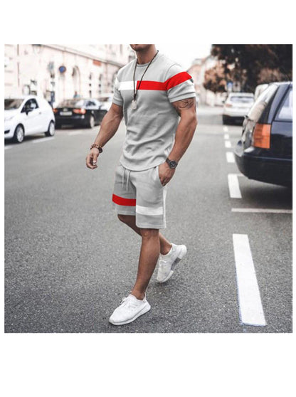 Terry Color Matching Striped Short Sleeve T-shirt Two-Piece Set