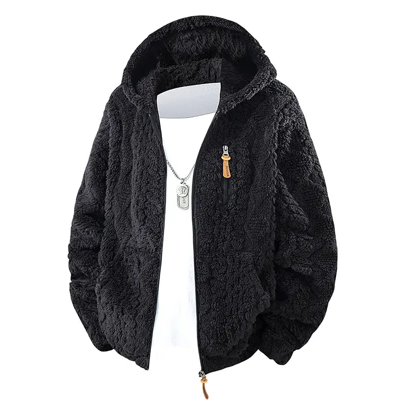 Unisex fleece hooded jacket. Solid woven texture, soft against skin, your go-to outerwear for fall & winter.