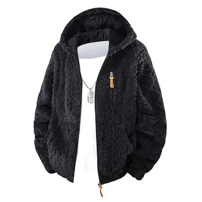 Unisex fleece hooded jacket. Solid woven texture, soft against skin, your go-to outerwear for fall & winter.