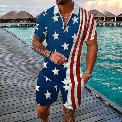 Men's 3D Print Graphic Flag Zipper Casual Short Sleeve Two-piece Set