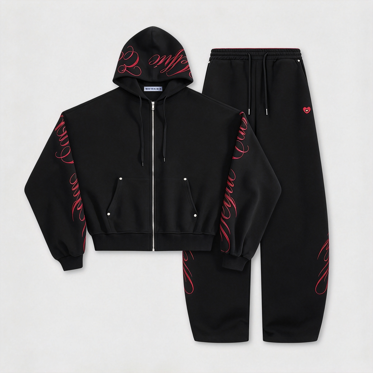 Embroidered 2-Piece Tracksuit Set with Zip-Up Hoodie & Loose Wide-Leg Pants, Classic Y2K Streetwear