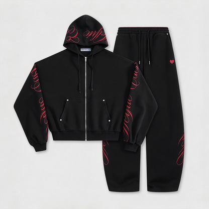 Embroidered 2-Piece Tracksuit Set with Zip-Up Hoodie & Loose Wide-Leg Pants, Classic Y2K Streetwear