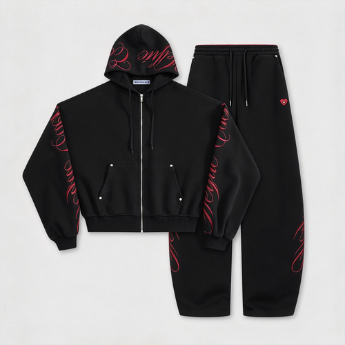 Embroidered 2-Piece Tracksuit Set with Zip-Up Hoodie & Loose Wide-Leg Pants, Classic Y2K Streetwear