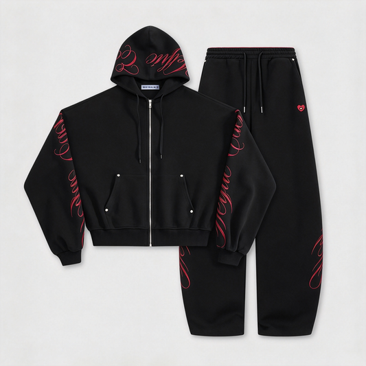 Embroidered 2-Piece Tracksuit Set with Zip-Up Hoodie & Loose Wide-Leg Pants, Classic Y2K Streetwear