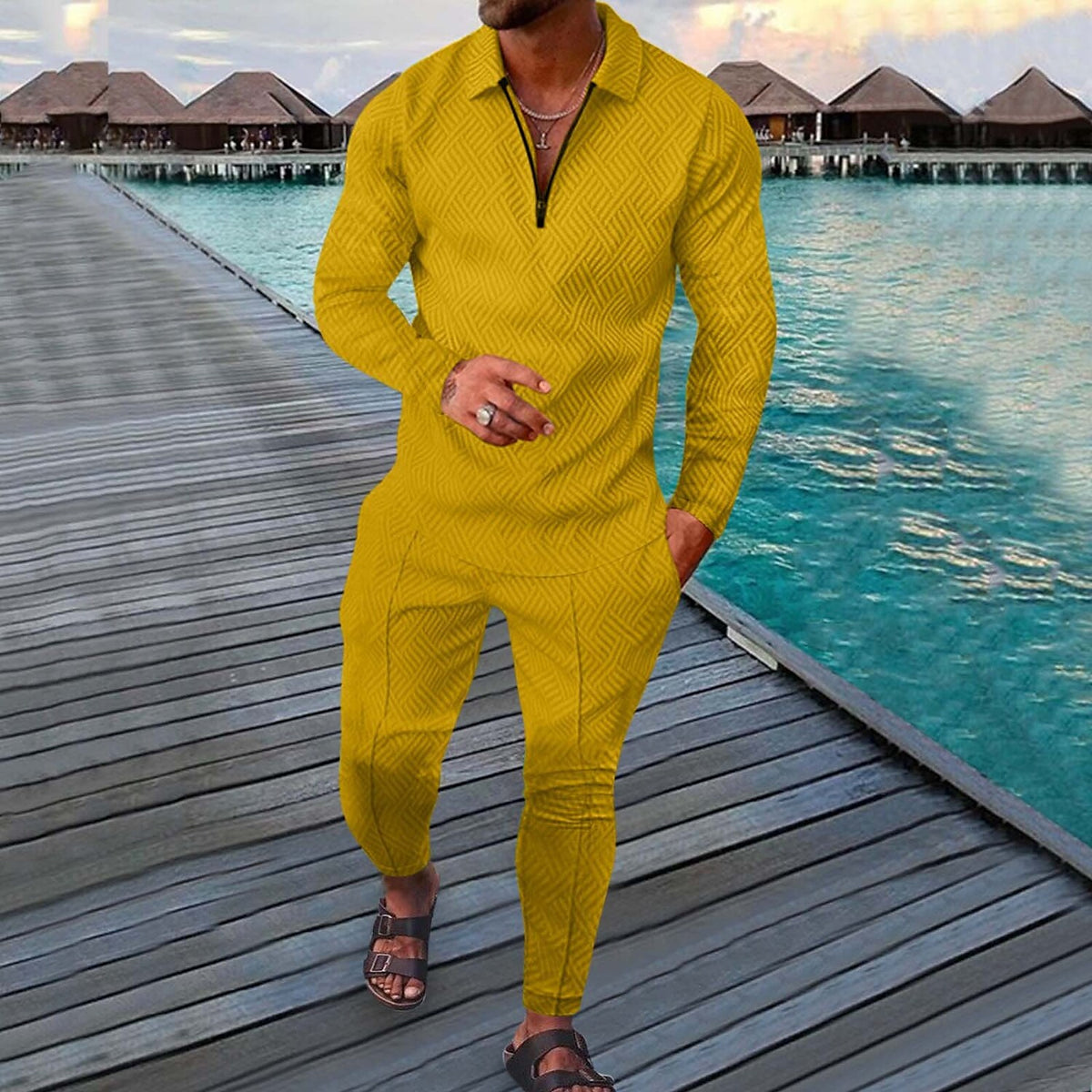 Men's Printed Polo Collar Zipper Fitness Tracksuit Long Sleeve Two-Piece Set