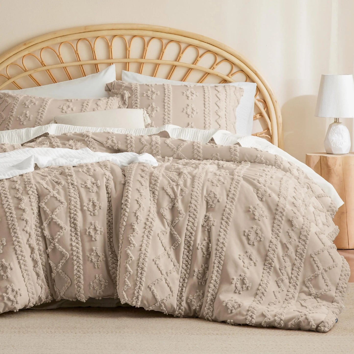 Juego de edredón queen suave con mechones - Ropa de cama boho de lujo beige