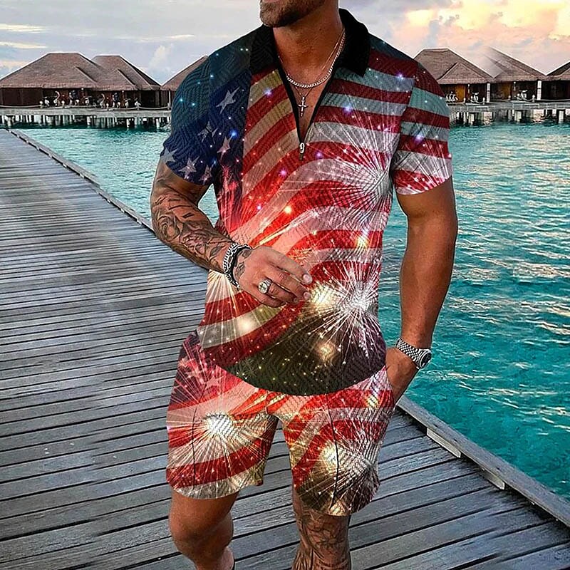Men's 3D Print Graphic Flag Zipper Casual Short Sleeve Two-piece Set