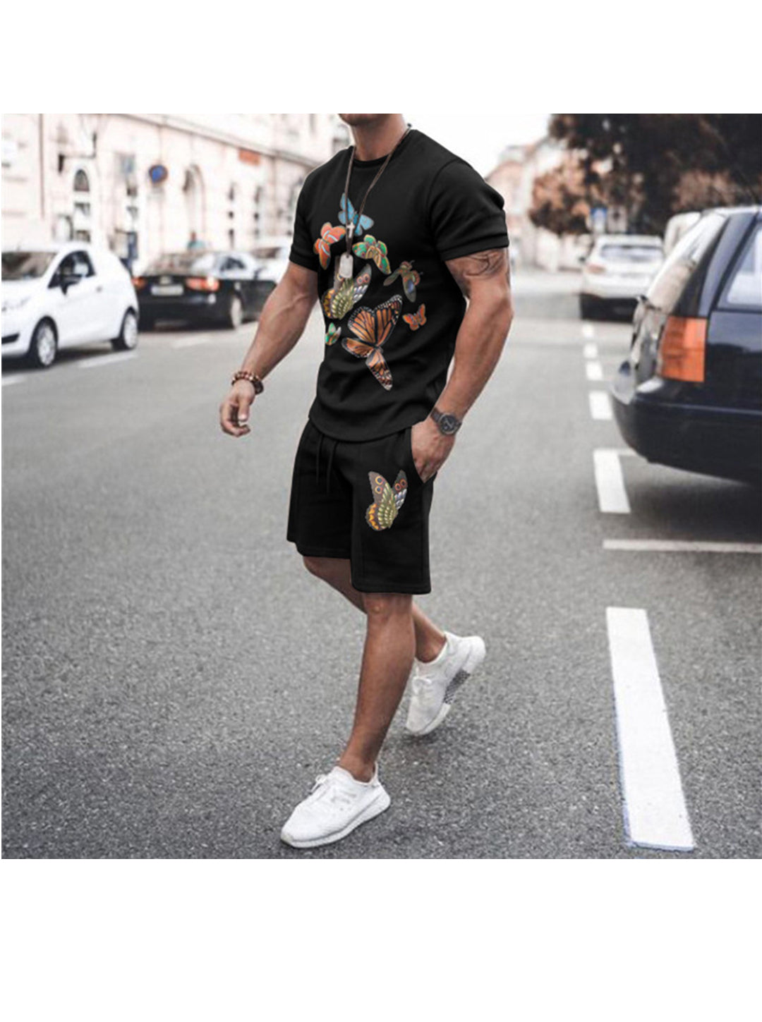 Jose 3D Butterflies Print Short Sleeve Two-Piece Set