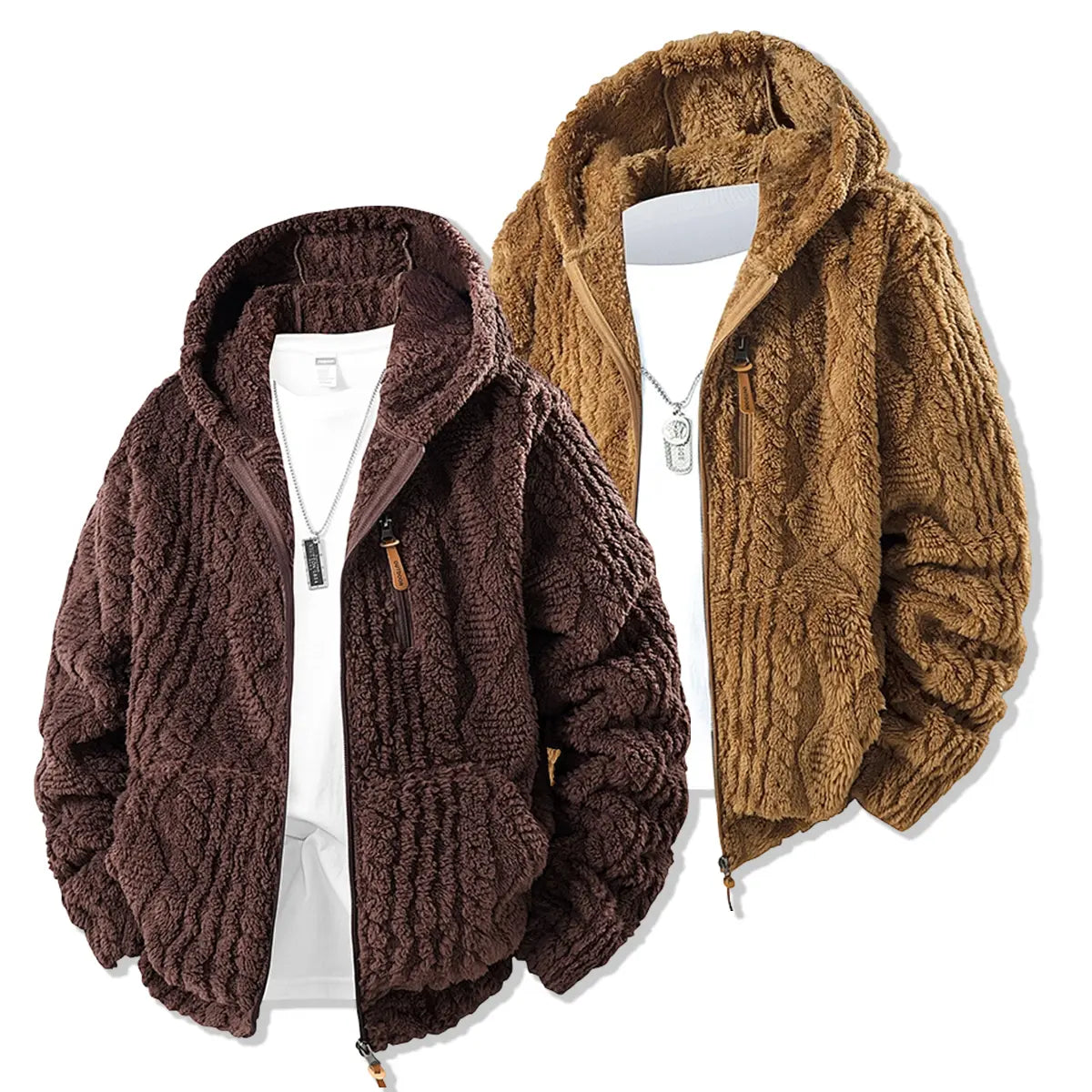 Unisex fleece hooded jacket. Solid woven texture, soft against skin, your go-to outerwear for fall & winter.