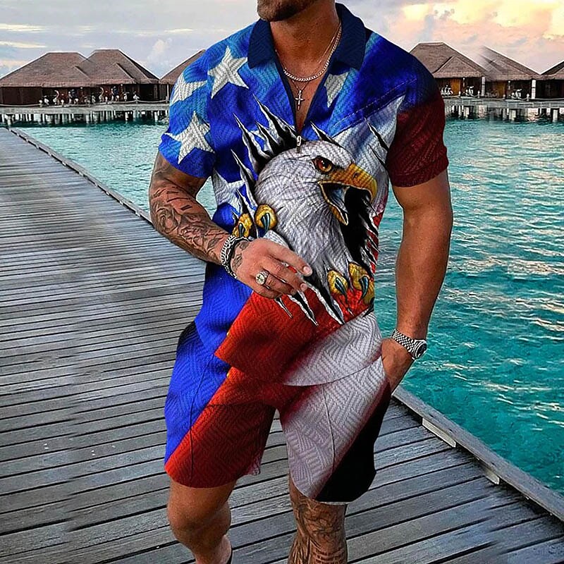 Men's 3D Print Graphic Flag Zipper Casual Short Sleeve Two-piece Set