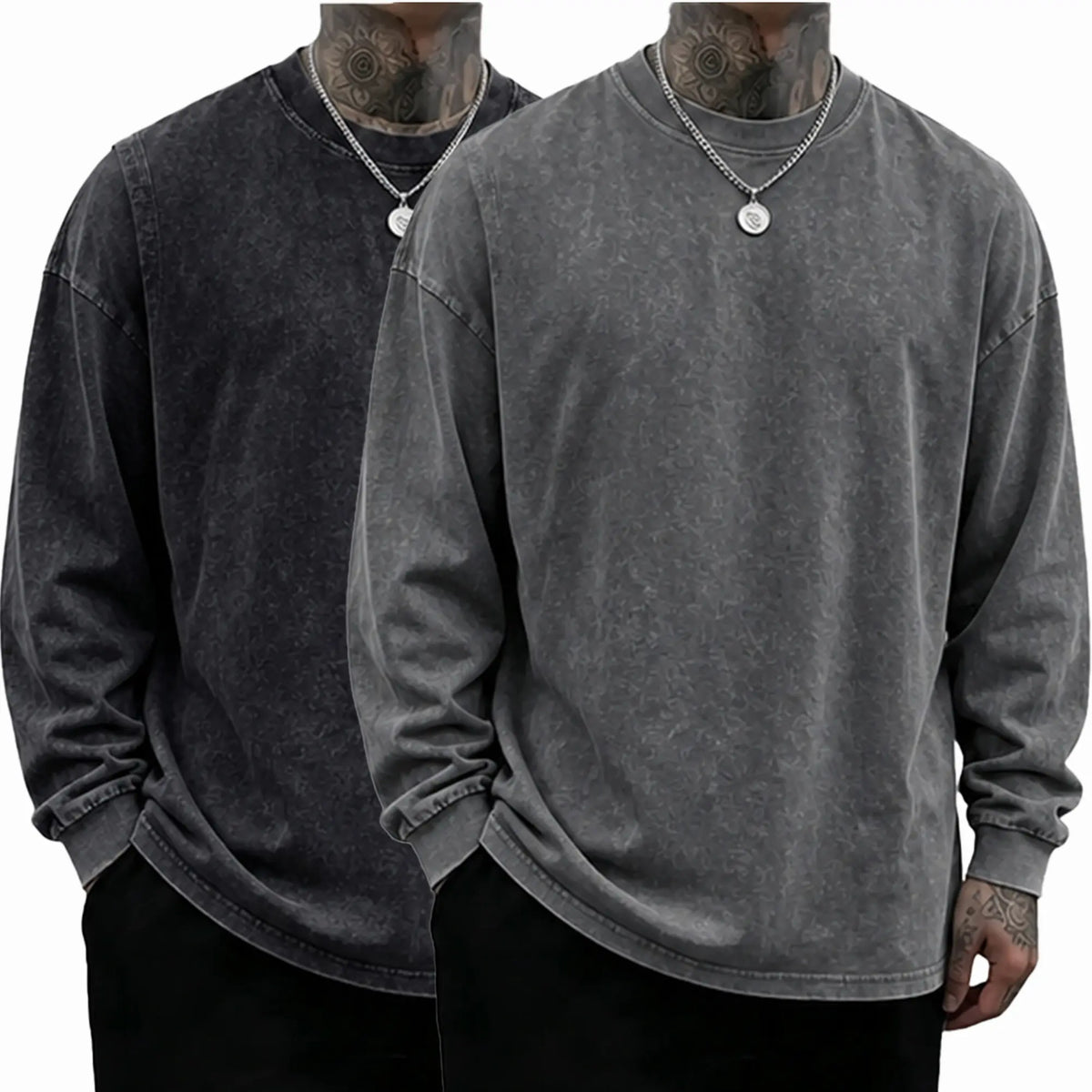 Loose Fit Mineral Wash Pure Cotton Long Sleeve Crew Neck Tee, Vintage Distressed Street Top, Great Men’s Gift