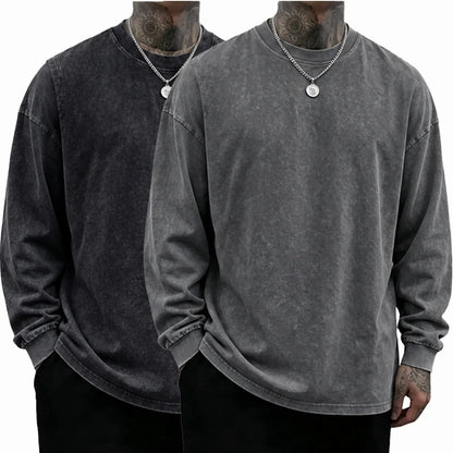 Loose Fit Mineral Wash Pure Cotton Long Sleeve Crew Neck Tee, Vintage Distressed Street Top, Great Men’s Gift