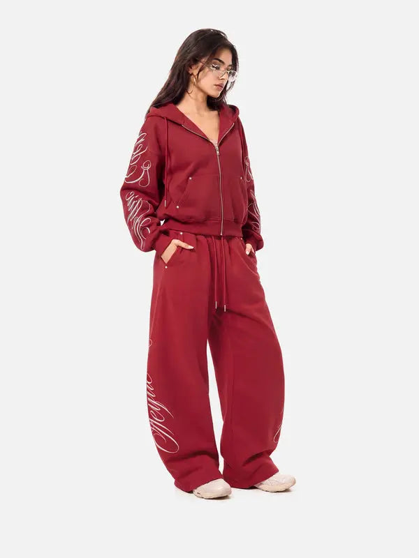 Embroidered 2-Piece Tracksuit Set with Zip-Up Hoodie & Loose Wide-Leg Pants, Classic Y2K Streetwear