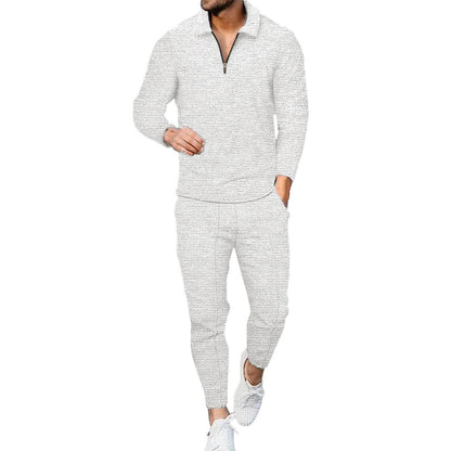 Men's Waffle Set Solid Color Turndown Casual Sports Zipper Long Sleeve Pants Sports Two-Piece Set