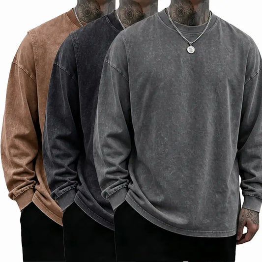 Loose Fit Mineral Wash Pure Cotton Long Sleeve Crew Neck Tee, Vintage Distressed Street Top, Great Men’s Gift