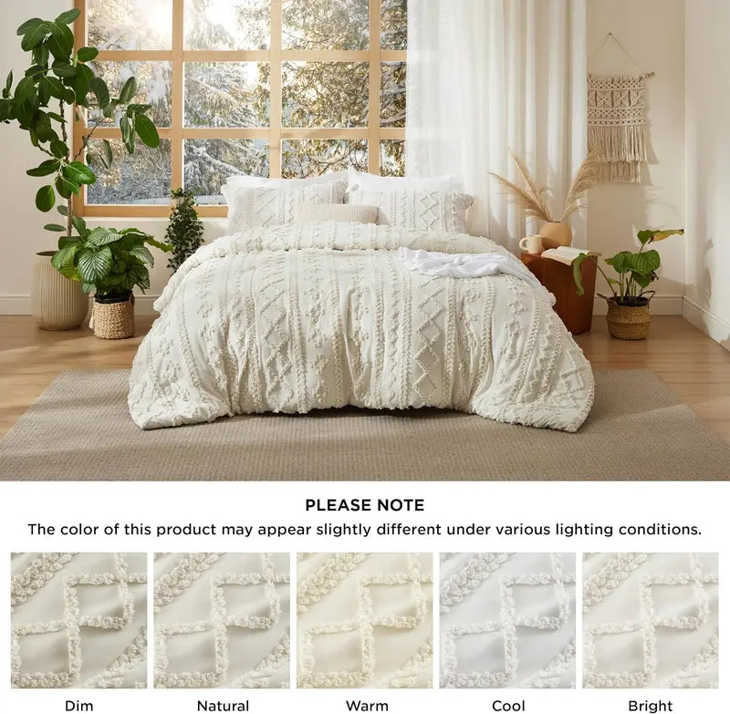 Weiches gestepptes Queen-Bettdecken-Set – Luxuriöse beige Boho-Bettwäsche