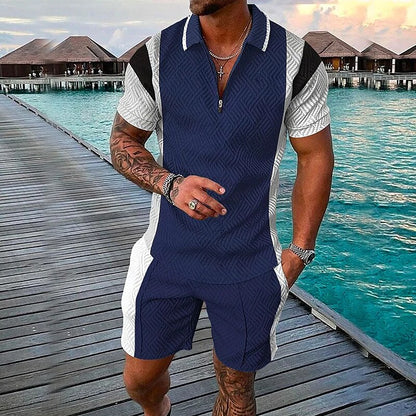 Men's 3D Print Zipper Casual Short Sleeve Polo Shirt Two-piece Set