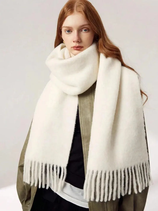 Solid color tassel scarf for fall & winter, thickened for warmth, elegant style, unisex