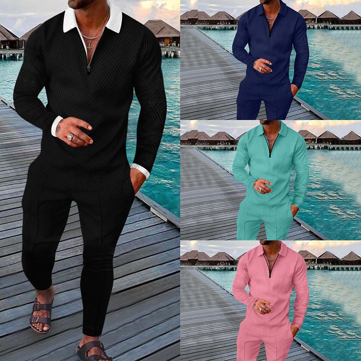 Men's Printed Polo Collar Zipper Fitness Tracksuit Long Sleeve Two-Piece Set