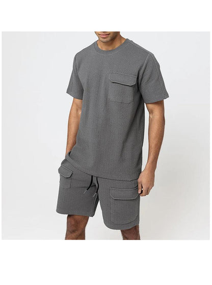 Textured Fabric Multi-pocket Shorts Design Round Neck Two Piece Set