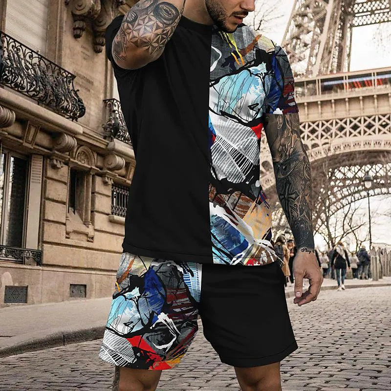 Men's 3D Colorful Creative Print Short Sleeve Two-piece Set