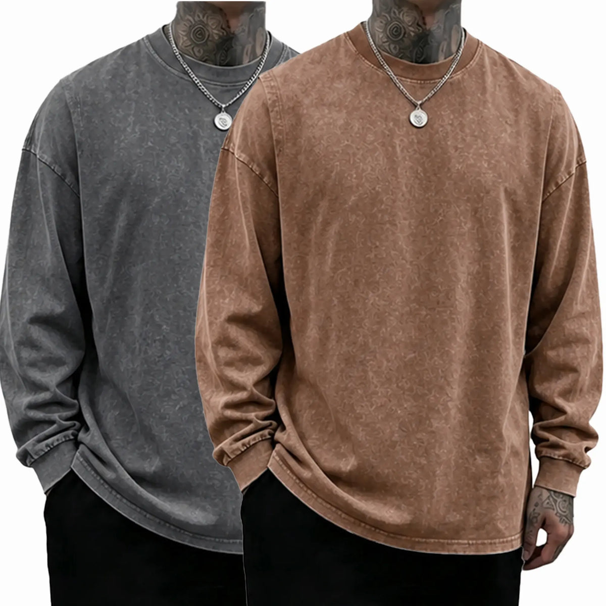 Loose Fit Mineral Wash Pure Cotton Long Sleeve Crew Neck Tee, Vintage Distressed Street Top, Great Men’s Gift