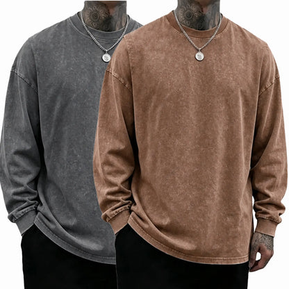 Loose Fit Mineral Wash Pure Cotton Long Sleeve Crew Neck Tee, Vintage Distressed Street Top, Great Men’s Gift