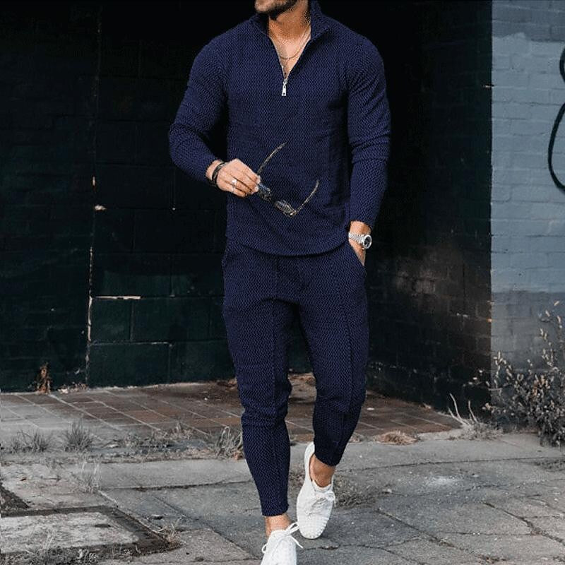 Men's Texture Long-sleeved Polo Two-piece Set