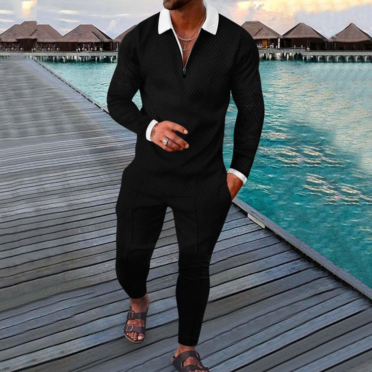 Men's Printed Polo Collar Zipper Fitness Tracksuit Long Sleeve Two-Piece Set