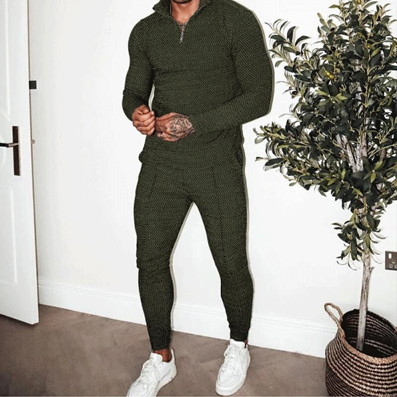 Men's Texture Long-sleeved Polo Two-piece Set