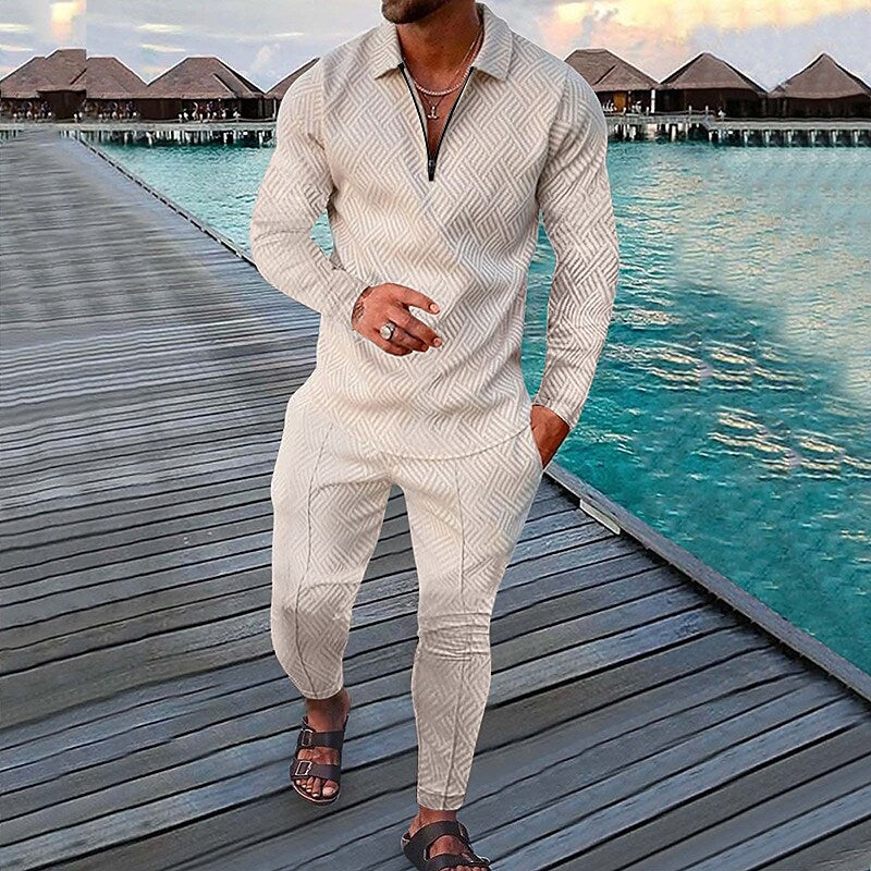 Men's Printed Polo Collar Zipper Fitness Tracksuit Long Sleeve Two-Piece Set