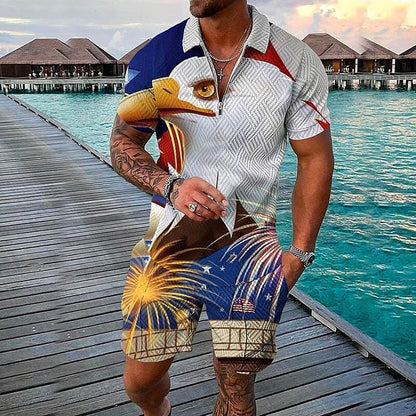 Men's 3D Print Graphic Flag Zipper Casual Short Sleeve Two-piece Set
