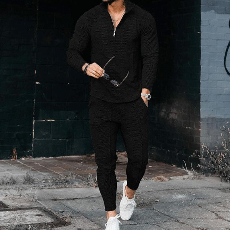 Men's Texture Long-sleeved Polo Two-piece Set