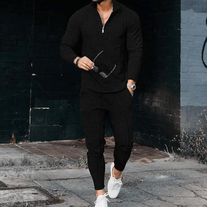 Men's Texture Long-sleeved Polo Two-piece Set