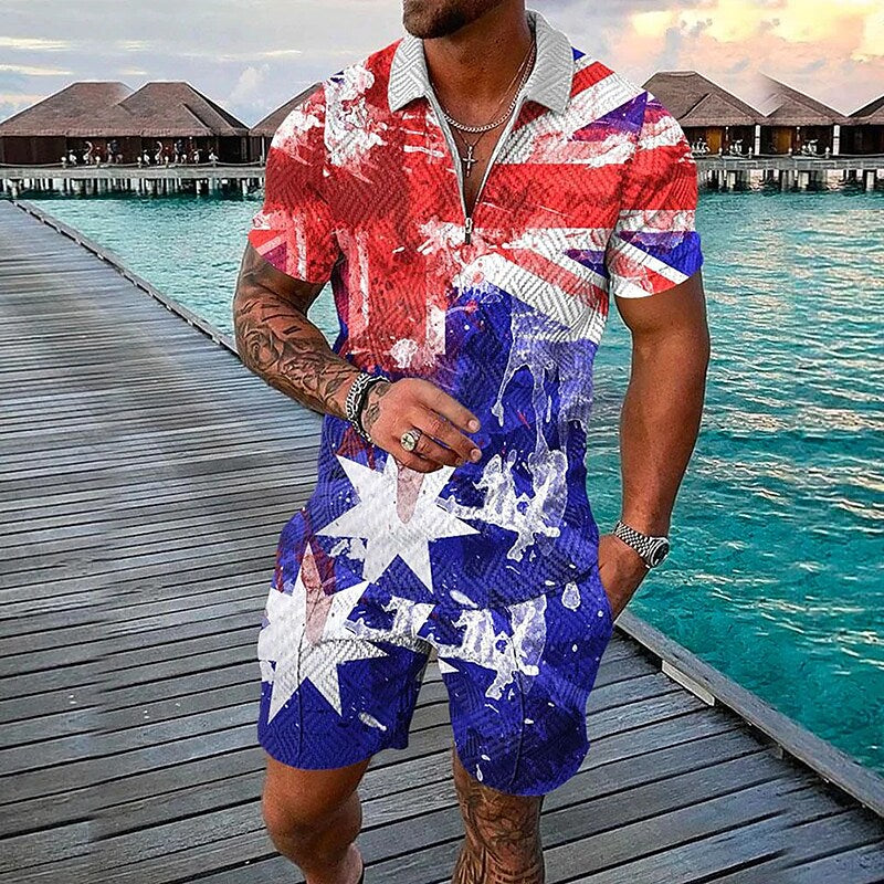 Men's 3D Print Graphic Flag Zipper Casual Short Sleeve Two-piece Set