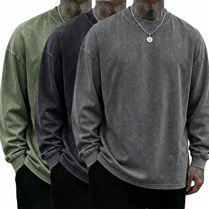 Loose Fit Mineral Wash Pure Cotton Long Sleeve Crew Neck Tee, Vintage Distressed Street Top, Great Men’s Gift